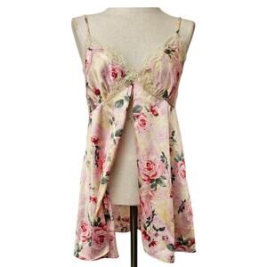 Vtg Rose Print Chemise, Satin Short Slip, Split Front Lingerie, Sz s